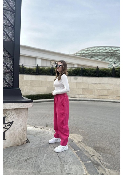 WeShaya Kadın Pembe Yüksek Bel, Cepli, Beli Lastikli, Salaş Gabardin Pantolon Pembe