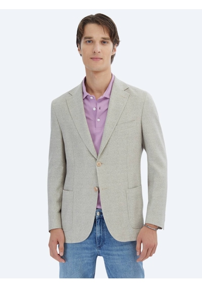 Kip Açık Haki Desenli Modern Fit Keten Karışımlı Ceket Açık Haki