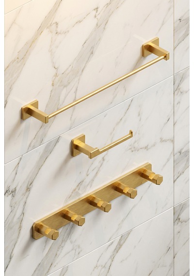 Premium Gold Alüminyum Tuvalet Kağıtlığı+5'li Havlu Bornoz Askısı+büyük Havlu Askısı Yapışkanlı Altın