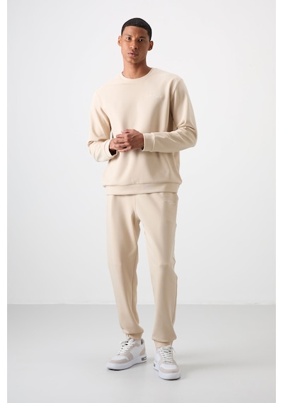 Tommy Life Bej Pamuklu Kalın Yumuşak Dokulu Comfort Fit Nakışlı Erkek Eşofman Takım - 85254 Bej