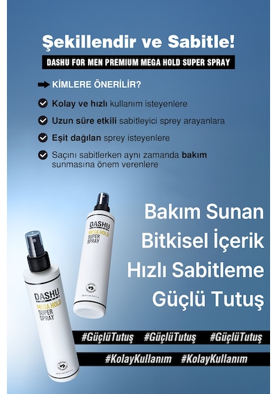 Hızlı Kuruyan, Ultra Güçlü Saç Şekillendirici Sprey Dashu For Men Mega Hold Super Spray 250 Ml