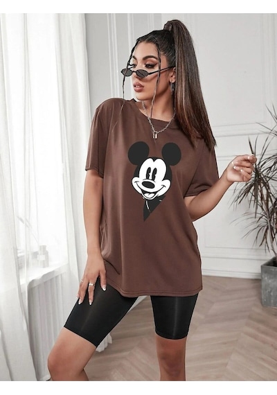 Kadın Kahverengi Oversize Mickey Mouse Baskılı Tshirt Kahverengi Kadın Kahverengi Oversize Mickey Mouse Baskılı Tshirt Kahverengi