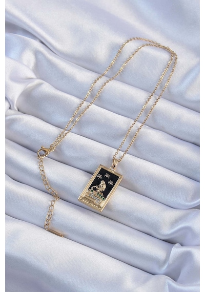 Utterly Good Kolye Zirkon Taşlı Siyah Mineli Kız Figürlü Tarot 316l Çelik Metalik