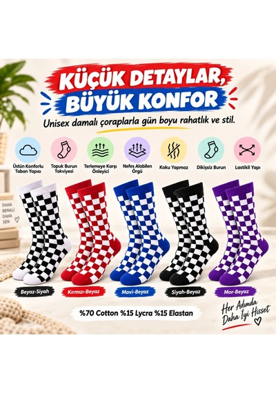 Storeşahin Unisex Çorap Dama Desenli Renkli 10'lu Set Kareli Uzun Soket Günlük Spor Eğlenceli Rahat Çorap Seti Shn0720 Çok  Renkli