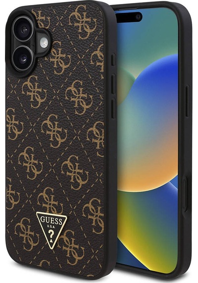 Apple iPhone 16 Plus Uyumlu Kılıf Guess Lisanslı Pu Deri 4g Desenli Üçgen Logolu Kapak Siyah