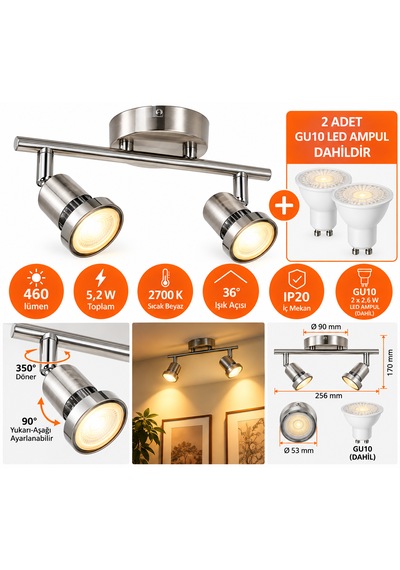 2 Li Gu10 Led Spot Aydınlatma Armatürü 2 2,6 W 460 Lümen 2700k Sıcak Beyaz Ampul Dahil Krom