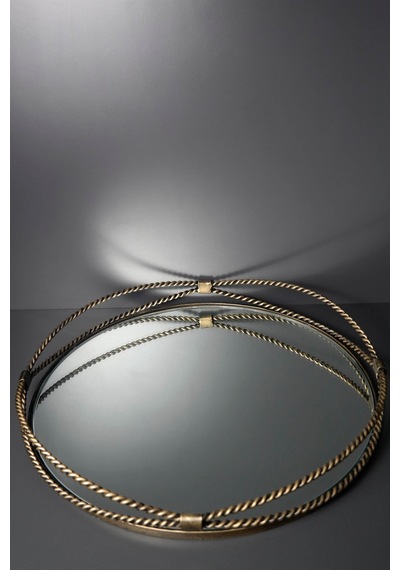 Gold Eskitme Antik Hasır Desenli Içi Aynalı Yuvarlak Metal Tepsi Gold Eskitme