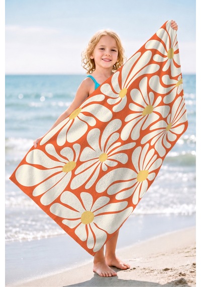 Çiçek Desenli Turuncu Beyaz Plaj Havlusu - Retro Floral Modern Hızlı Kuruyan Mikrofiber Havlu Köpük Şakayık