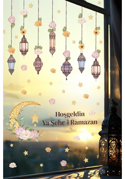Hoşgeldin Ya Şehr-i Ramazan Duvar Sticker Seti Fener & Ay Yıldız Temalı Dekor Dijital Baskı