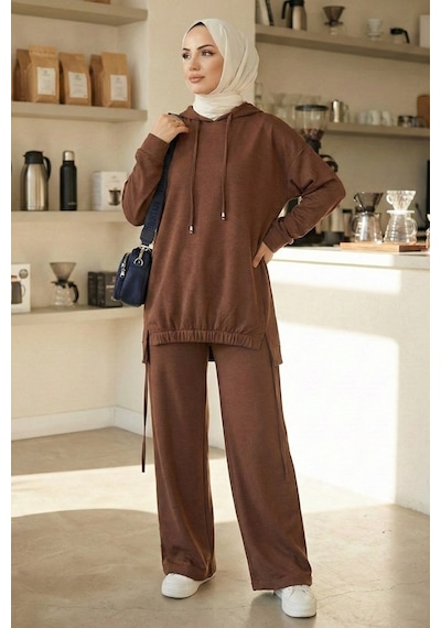 Bestenur Kapüşonlu Tunik Pantolon Takım 1682 - Kahve Kahverengi
