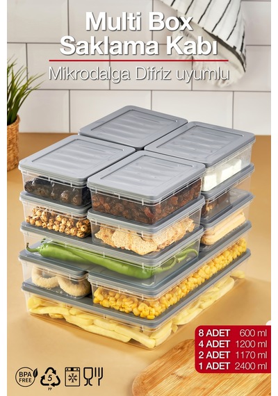 Multi Box 13 Parça 4 Farklı Boy Saklama Kabı Seti - Dondurucu & Mikrodalga Uyumlu Gri