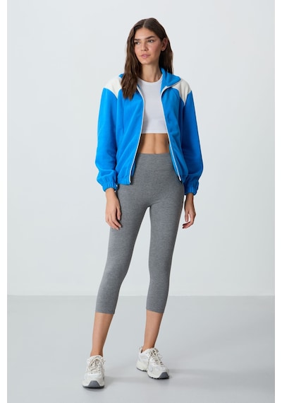 Tommy Life Saks Kalın Yumuşak Dokulu Dik Yaka Oversize Nakışlı Polar Kadın Sweatshirt - 97293 Saks