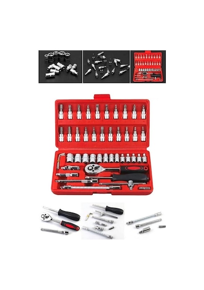 Zhltools 58 Parça Set 46 Parça Lokma Takımı Otomatik Cırcır 1/4 12 Parça Kombine Açık Ağız Yıldız Anahtar Takımı