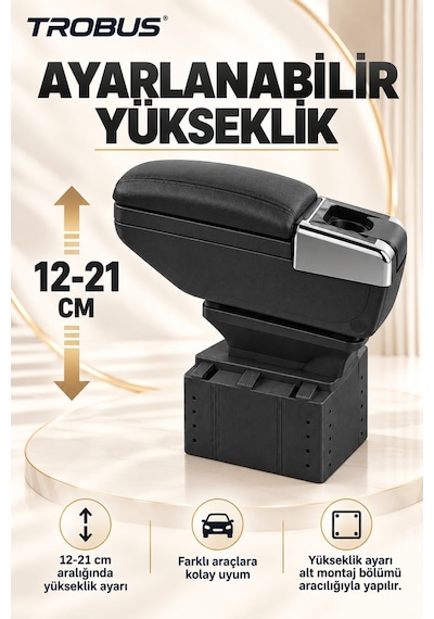 Trobus Mazda 2 2003-2014 Uyumlu Premium Siyah Sürgülü Ayarlanabilir Ayaklı Kolçak Kol Dayama