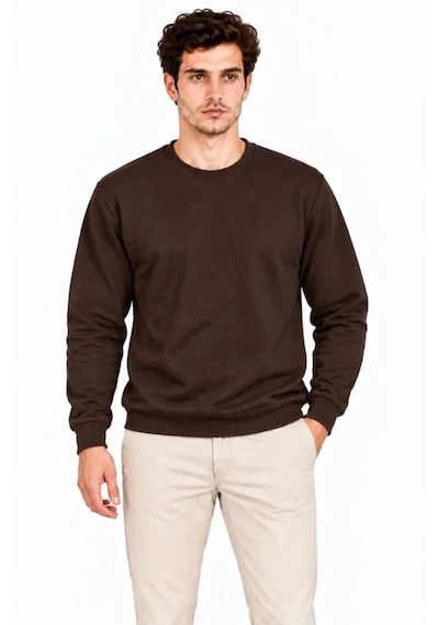 Butik İstanbul Erkek Bisiklet Yaka İçi Şardonlu 2 İplik Düz Uzun Kollu Regular Fit Sweatshirt - Kahverengi