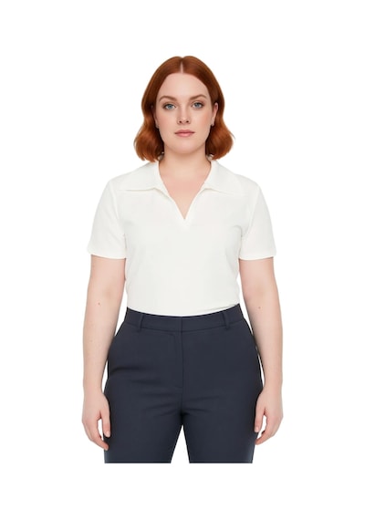 Ersefa Kadın Basic Vücuda Oturan Polo Yaka Kısa Kollu Kaşkorse Bluz Cool Beyaz