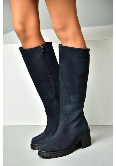Fox Shoes R654047702 Lacivert Hakiki Deri Süet Kalın Topuklu Kadın Çizme Lacivert