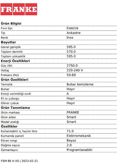 Franke Smart FSM 86 H XS Inox + Nero 71 LT Ankastre Fırın