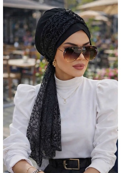 Aişe Tesettür Siyah Dantel Fularlı Bone