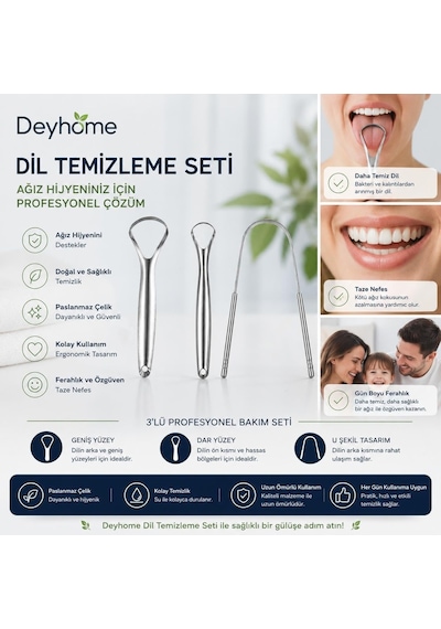 3'lü Profesyonel Dil Temizleme Seti Paslanmaz Çelik Dil Kazıyıcı Ağız Hijyen Aparatı / Geniş & Dar Yüzey, U Şekilli Kazıyıcı, Ergonomik Tasarım, Su İle Kolay Temizleme, Tekrar Kullanılabilir
