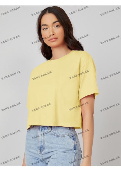 Flood Of Style Crop Ckod-232913 Pamuk Damla Omuz Düz Kısa Sarı