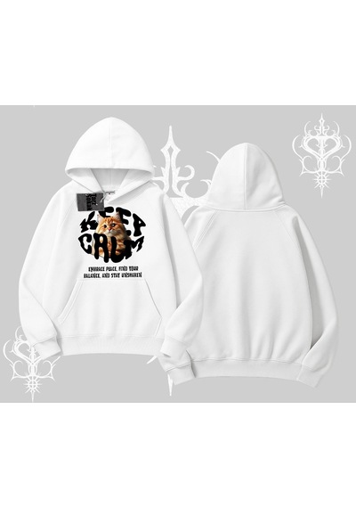 Startmore Keep Calm Yazılı Kedi Baskılı Streetwear Kapşonlu Sweatshirt Beyaz