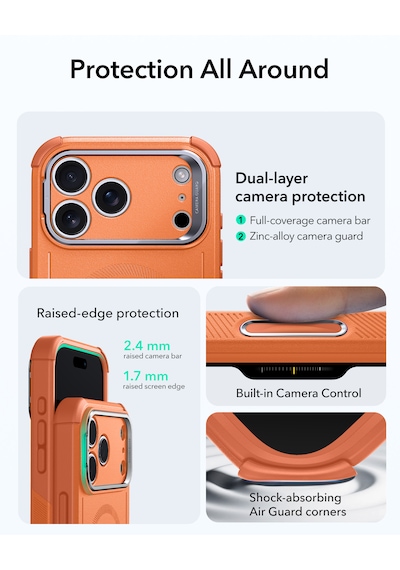 Esr Apple Uyumlu iPhone 17 Pro Max Cyber Tough Magsafe Stantlı Kılıf Turuncu Turuncu