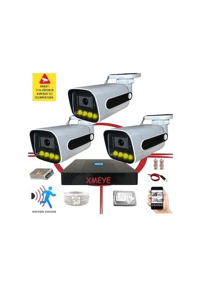 Bises 3 Kameralı Hareket Algılayan 5 Mp Lens 4 Warm Led Gece Renkli Gösteren Güvenlik Kamerası Seti Bs 784w