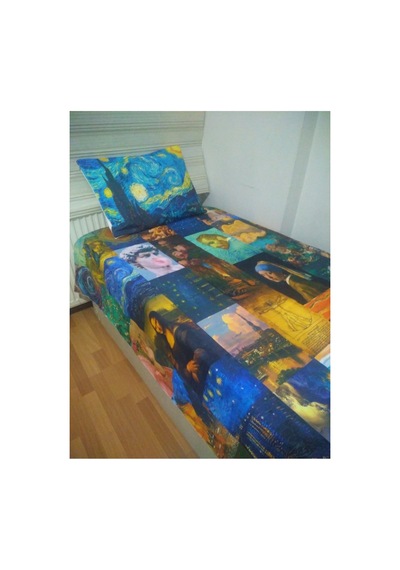 Van Gogh Sanat Eserleri Tasarım Tek Kişilik Yatak Örtüsü Ve Yastık Kılıfı Mavi Sarı Lacivert