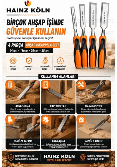 4 Parça Ahşap Iskarpela Seti 14-18-20-25 Mm Krom Vanadyum Çelik Ergonomik Kaymaz Sap Profesyonel Mar