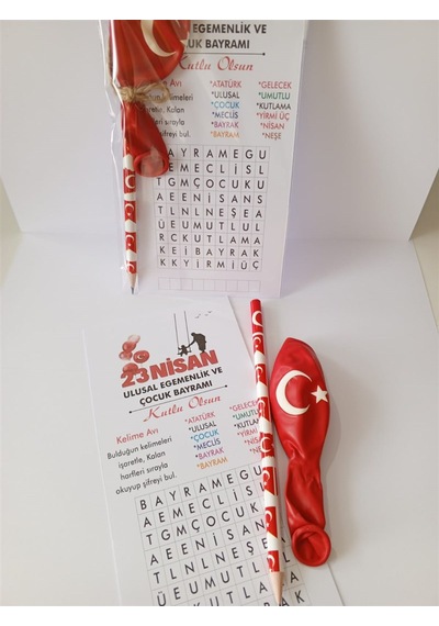 Farklı Market 23 Nisan Kelime Avı Türk Bayraklı Balon Ve Kalem 25 Adet Çok Renkli