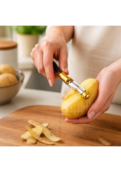 Deinhaus Altın Renkli Sebze Soyacak, Paslanmaz Çelik Bıçak, Siyah Saplı, 16 Cm, Patates Ve Meyve İçin
