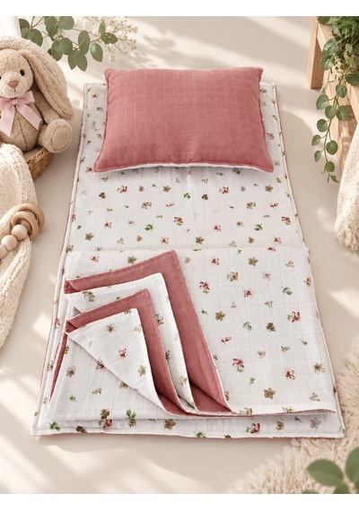 Sallhome Baby Gül Kurusu Çiçek Desenli Müslin 3'lü Bebek Alt Açma Seti Minder - Battaniye ve Yastık