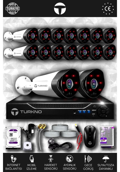 Turkno 16 Kameralı Galia 16 Dış Kamera Set 1 TB HDD Full HD Gece Görüşlü Güvenlik Kamerası Sistemi