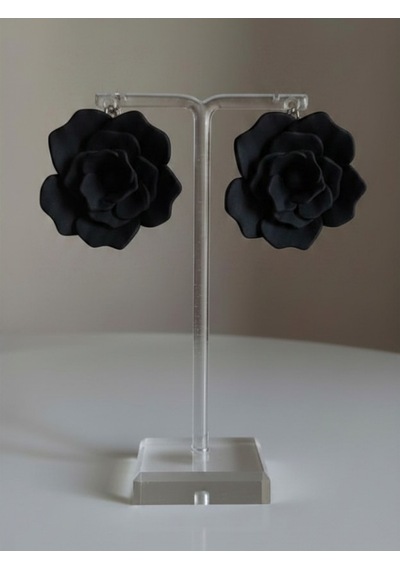 Kadın Küpe Büyük Siyah Gül Çiçek Model - 6 Cm Minimalist Halka/çivili Gül Çiçek Küpe
