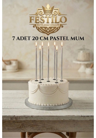 7'li Uzun Mum 20 Cm Pasta Mumu Gümüş Metalik Renk Parti Malzemeleri Doğum Günü Süsleri