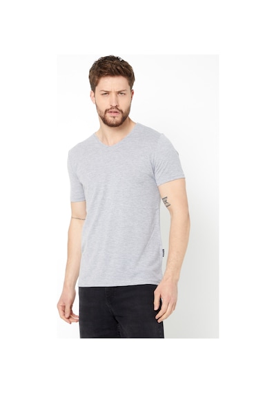 Erkek Indigo %100 Pamuk Basıc Regular Fit Pamuklu Kısa Kollu V Yaka T-shirt Gri