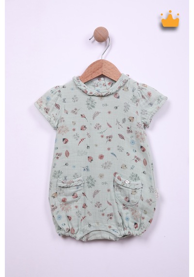 Babyhola Kız Bebek Kısa Müslin Tulum  Pamuk Çiçek Baskılı 12049 Mint Yeşili