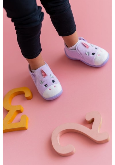 Unicorn Fermuarlı Kadife Panduf Lila