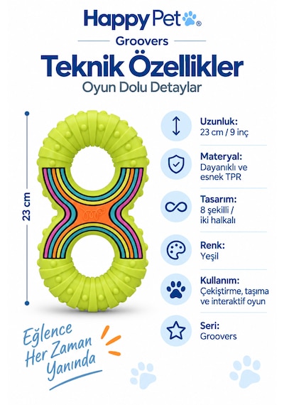 Happy Pet Groovers Tpr Dayanıklı 8 Şekilli Çekiştirme Köpek Oyuncağı 23 Cm Yeşil