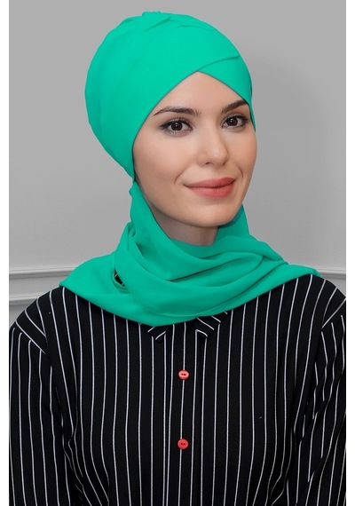 Hürrem Bone Su Yeşili Pratik Hazır Geçmeli Tesettür Bone Sandy Kumaş Çapraz B Su Yeşili