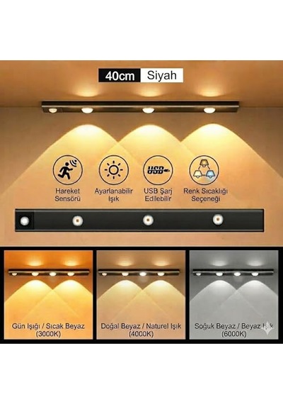 Led'li Şarjlı Dolap Altı Aydınlatma Hareket Sensörlü 3 Modlu Yapışkanlı Delme Gerektirmez Slim Beyaz Kasa Dekor Çok Renkli