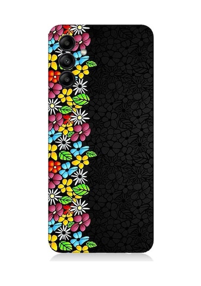 Samsung Galaxy M34 Uyumlu Parlak Çiçekler Ve Siyah Motif Desenli Silikon Kılıf