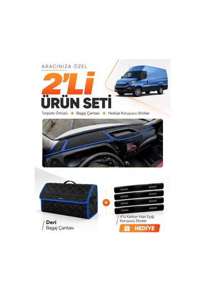 Iveco Daıly 2015-2021 Uyumlu Torpido Örtüsü + Deri Bagaj Çantası + Sticker Seti - Siyah Mavi