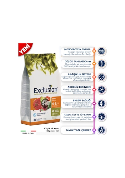 Exclusion Düşük Tahıllı Monoprotein Sığır Etli Ve Narlı Küçük Irk Yavru Köpek Maması 7 KG