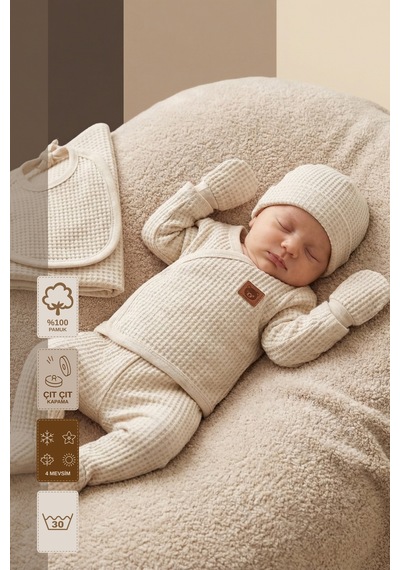 Minory Baby - %100 Pamuk 7'li Hastane Çıkışı Seti Yenidoğan 7'li Set Waffle Kumaş Bej Bej