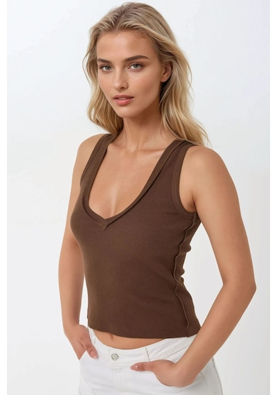 Hiccup V Yaka Ters Dikiş Detaylı Kolsuz Slim Fit Örme Üst Kahverengi