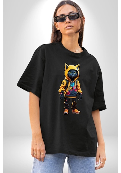 Spor Eşofman Takımı Sarı Kedi İnsan Pamuklu Bisiklet Yaka Unisex Oversize Boyfriend Dijital Baskılı Siyah T-shirt Siyah