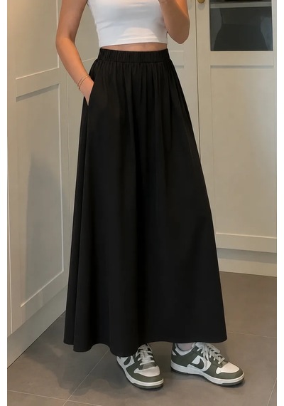 Kadın Siyah Poplin Kumaş Uzun Etek Beli Lastikli Günlük Maxi Etek 90 Cm