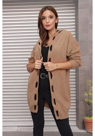 Aqe Fashion Kapüşonlu Kabartma Desenli Şerit Garnili Camel Hırka CAMEL Camel